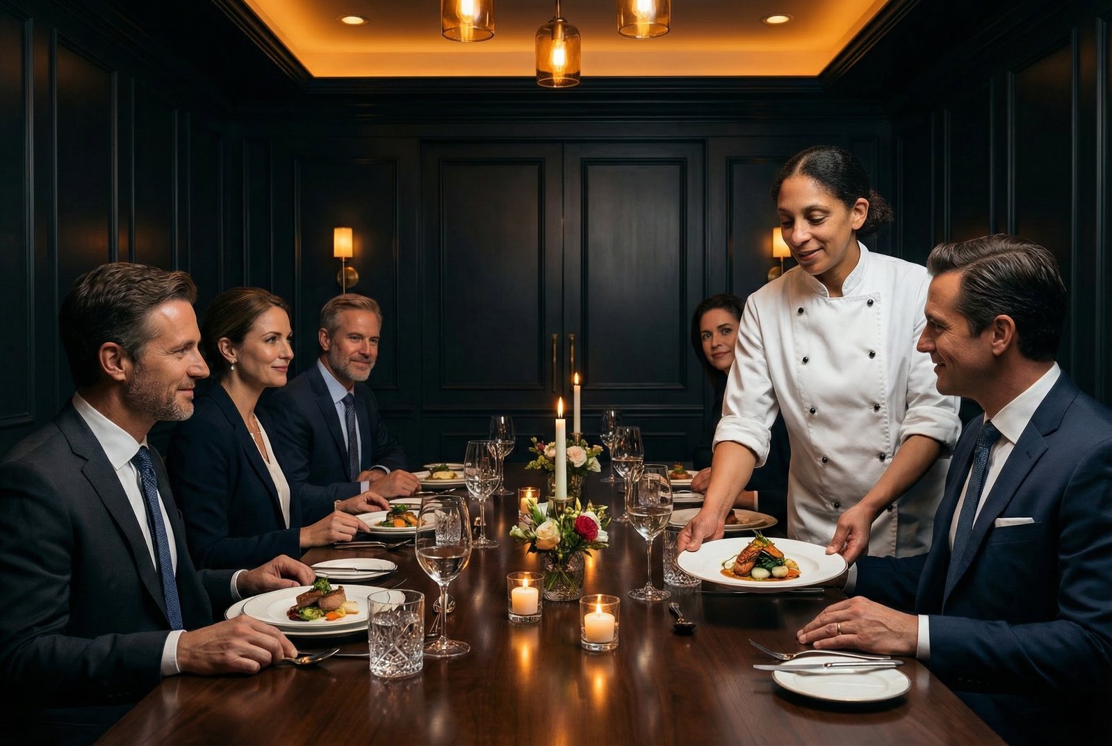 Chef Olivia Martin presenting a course at a private corporate dinner