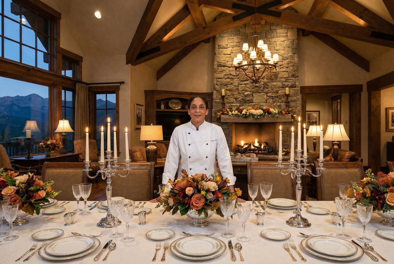 Chef Olivia Martin at an elegantly set estate dining table for an executive retreat