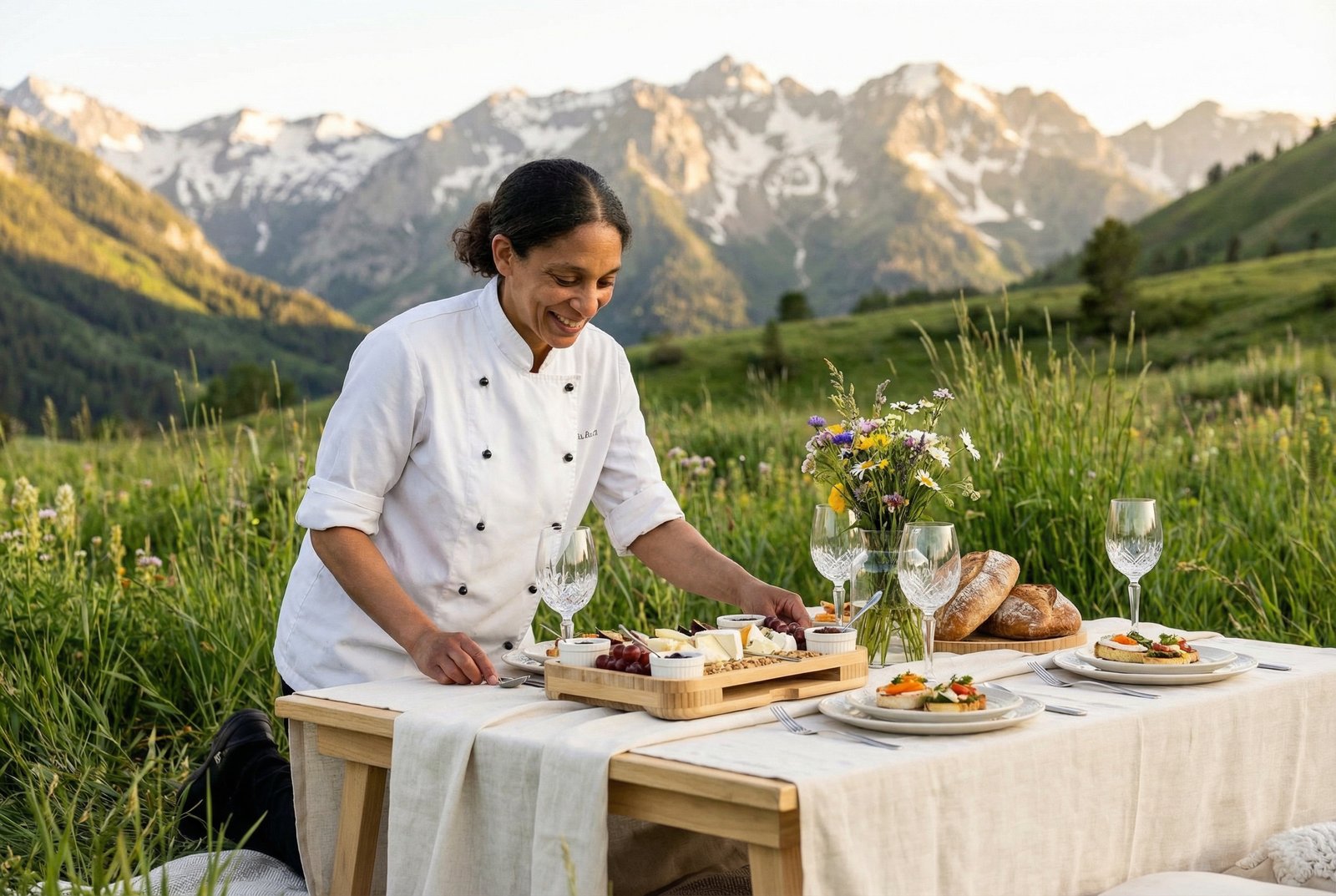 Chef Olivia Martin setting up an ultra-luxury outdoor picnic in the Utah mountains