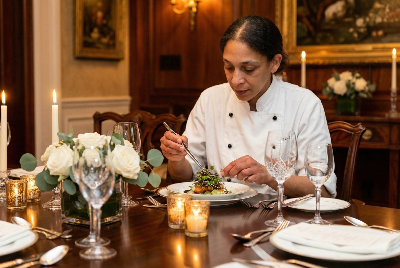 Chef Olivia Martin plating a course at a beautifully set private dining table