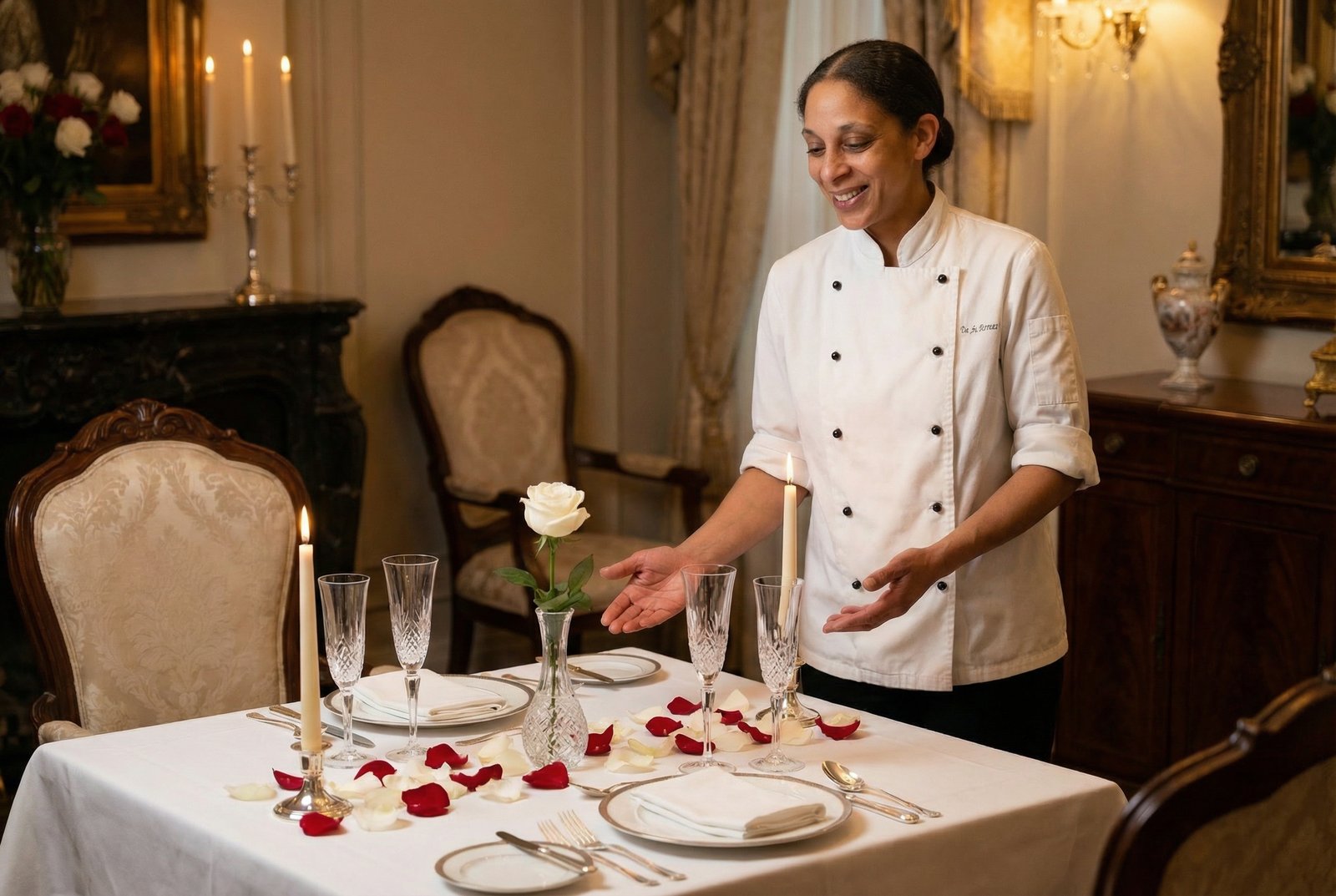 Chef Olivia Martin presenting a romantic engagement dinner table setting